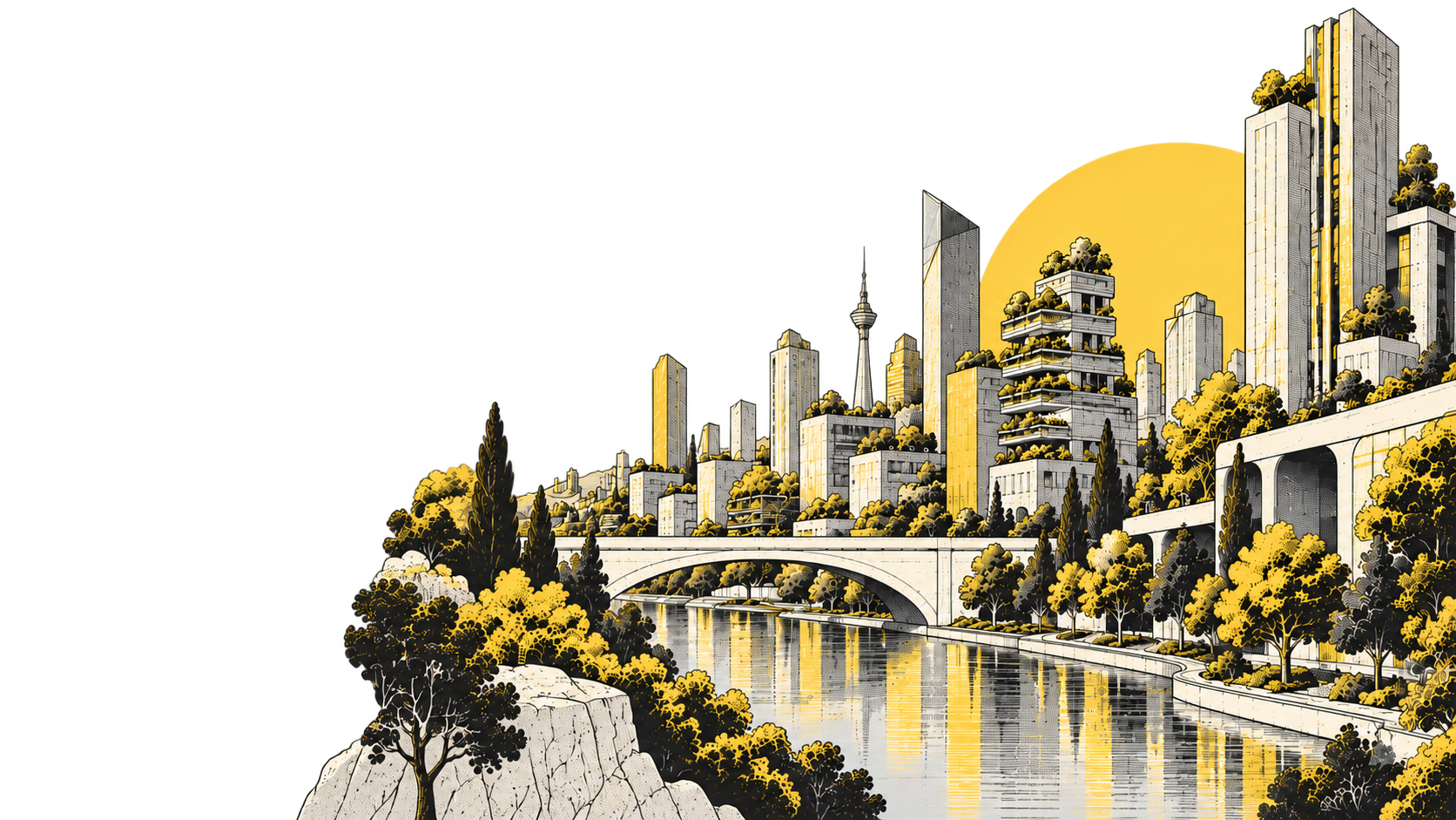 Illustration of a waterfront city with yellow accents